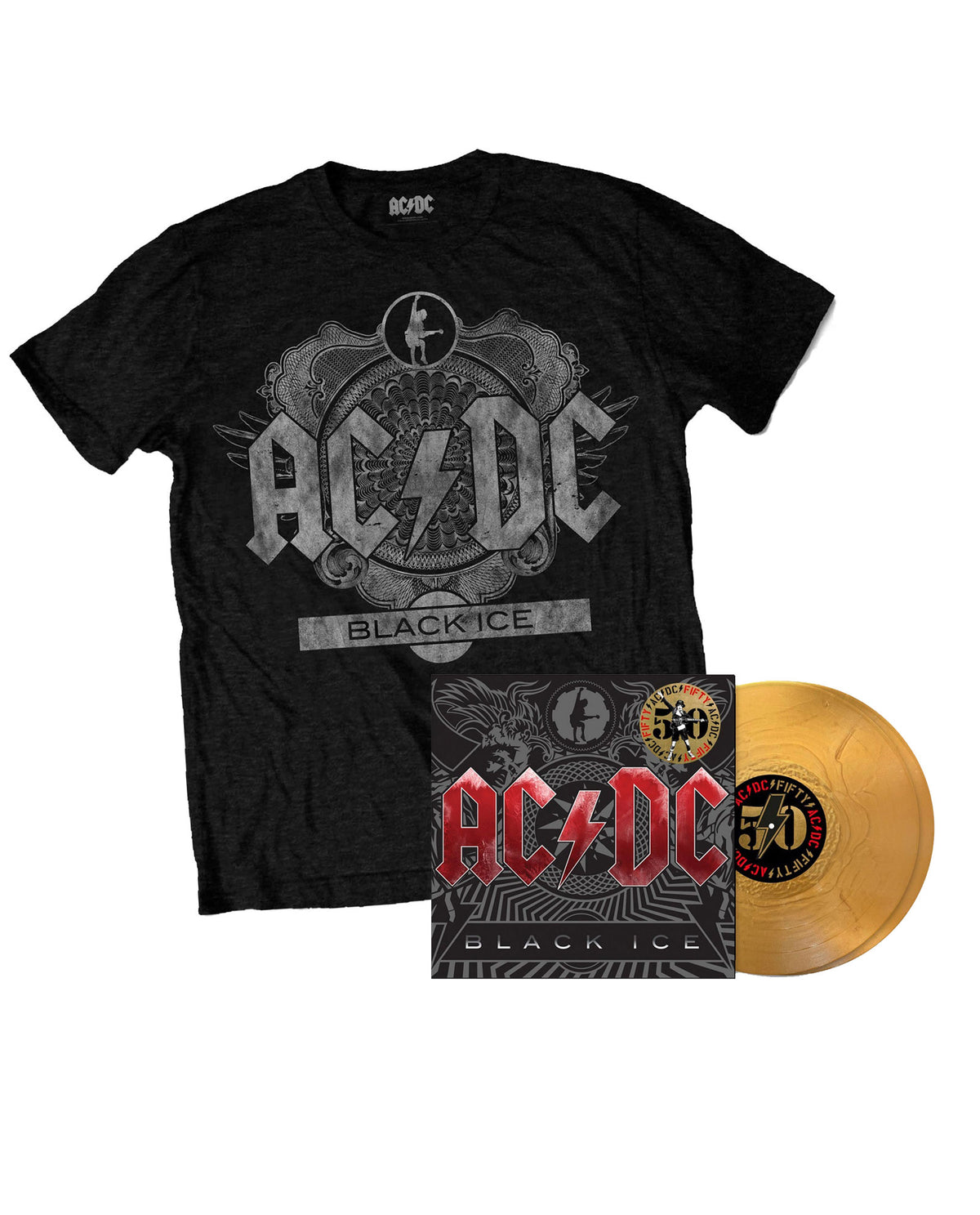 AC/DC - Pack 2LP Vinilo Dorado "Black Ice" Ed. 50 aniversario + Camiseta "Black Ice"