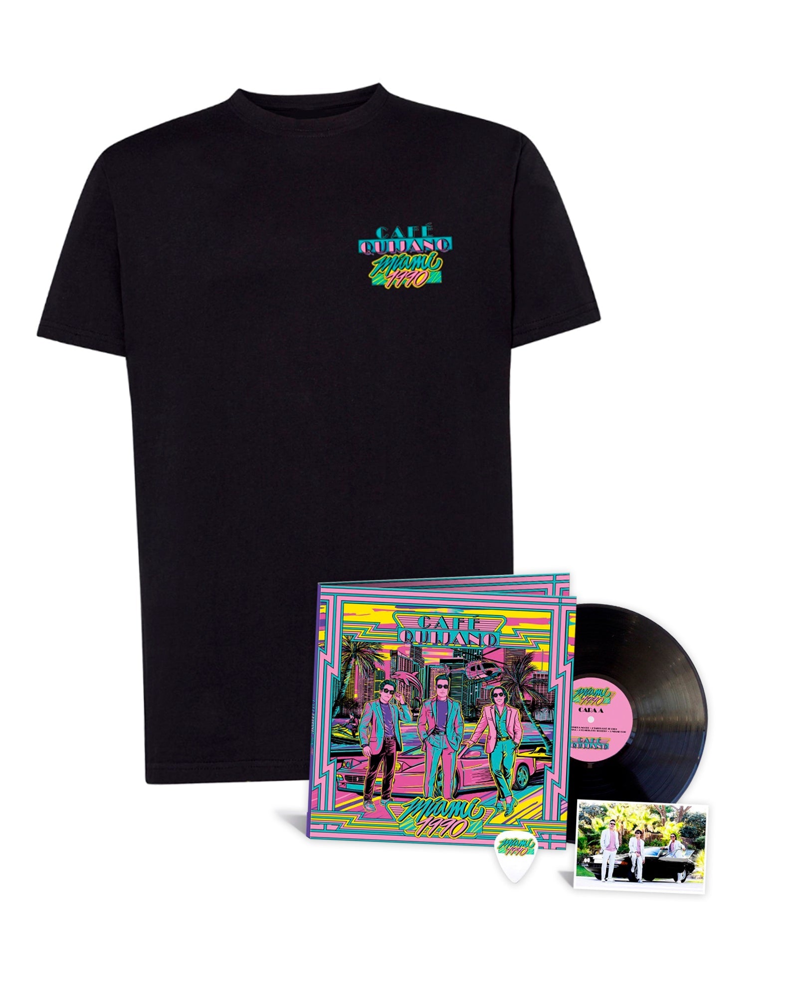 Café Quijano - Pack LP Vinilo + Postal Firmada + Púa "Miami 1990" + Camiseta "Miami 1990" Unisex - D2fy · Rocktud - Café Quijano