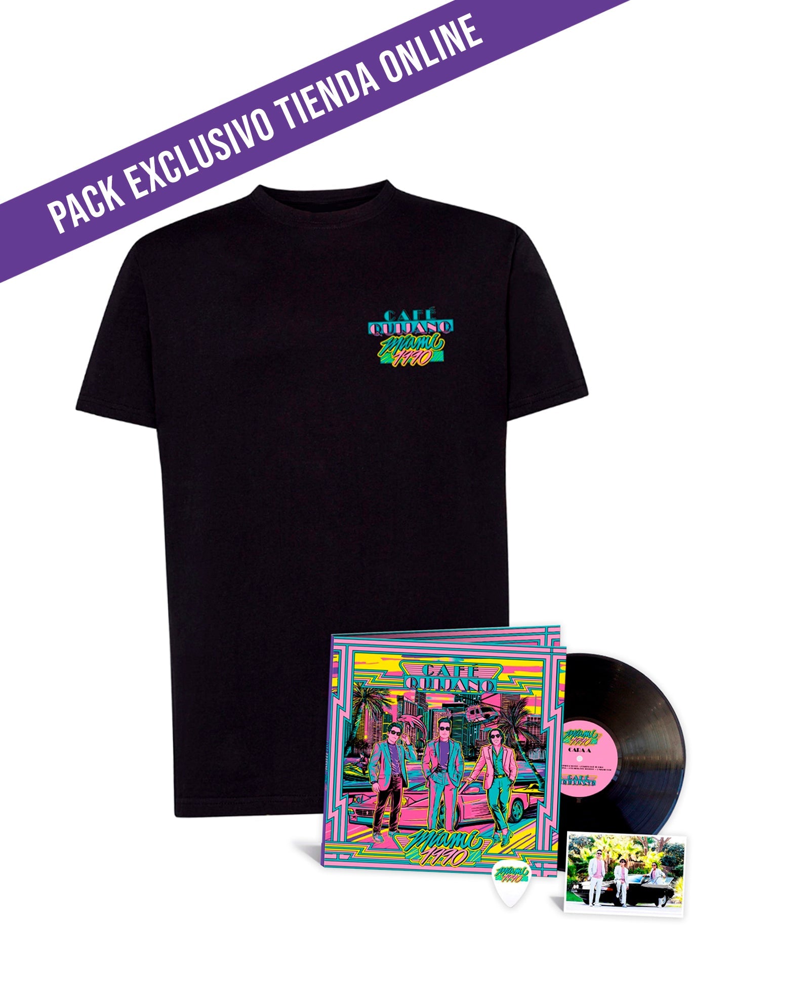 Café Quijano - Pack LP Vinilo + Postal Firmada + Púa "Miami 1990" + Camiseta "Miami 1990" Unisex - D2fy · Rocktud - Café Quijano